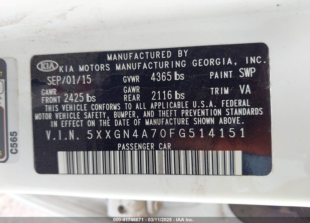 2015 KIA OPTIMA VIN: 5XXGN4A70FG514151