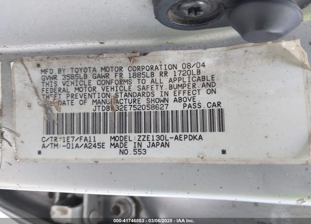 2005 TOYOTA COROLLA VIN: JTDBR32E752058627