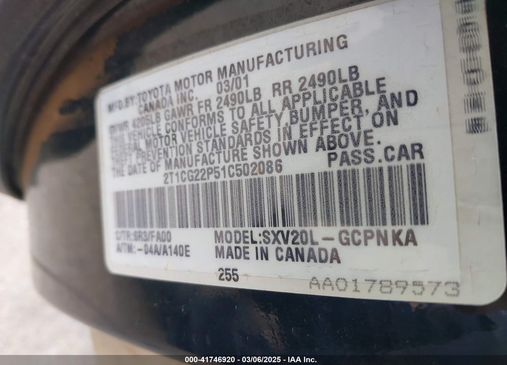 2001 TOYOTA CAMRY SOLARA VIN: 2T1CG22P51C502086