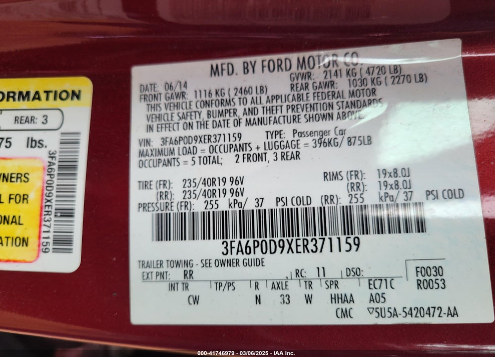 2014 FORD FUSION VIN: 3FA6P0D9XER371159
