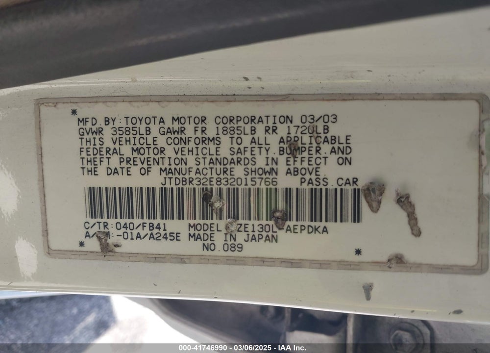 2003 TOYOTA COROLLA VIN: JTDBR32E832015766