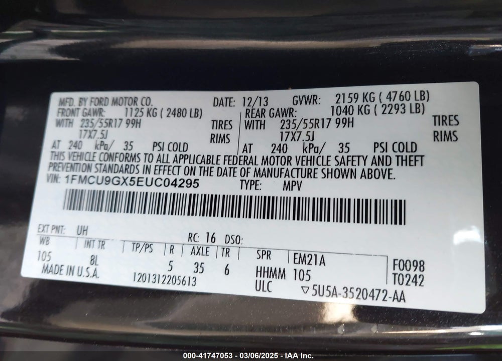 2014 FORD ESCAPE SE VIN: 1FMCU9GX5EUC04295
