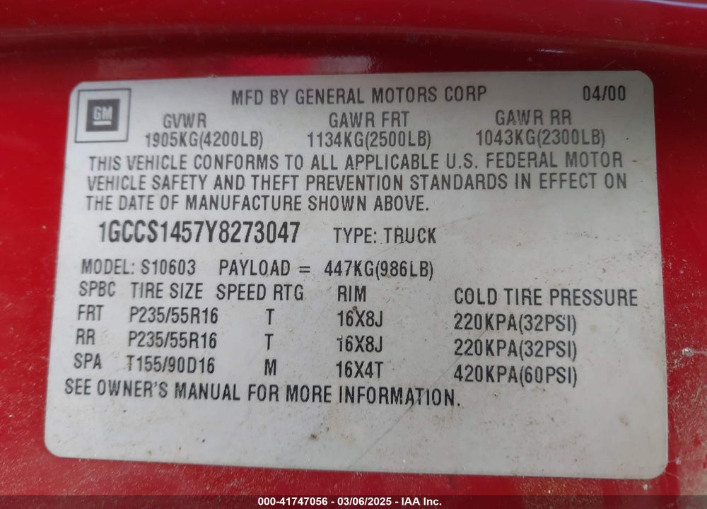 2000 CHEVROLET S-10 VIN: 1GCCS1457Y8273047