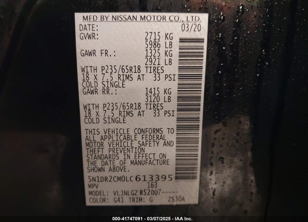 2020 NISSAN PATHFINDER VIN: 5N1DR2CM0LC613395