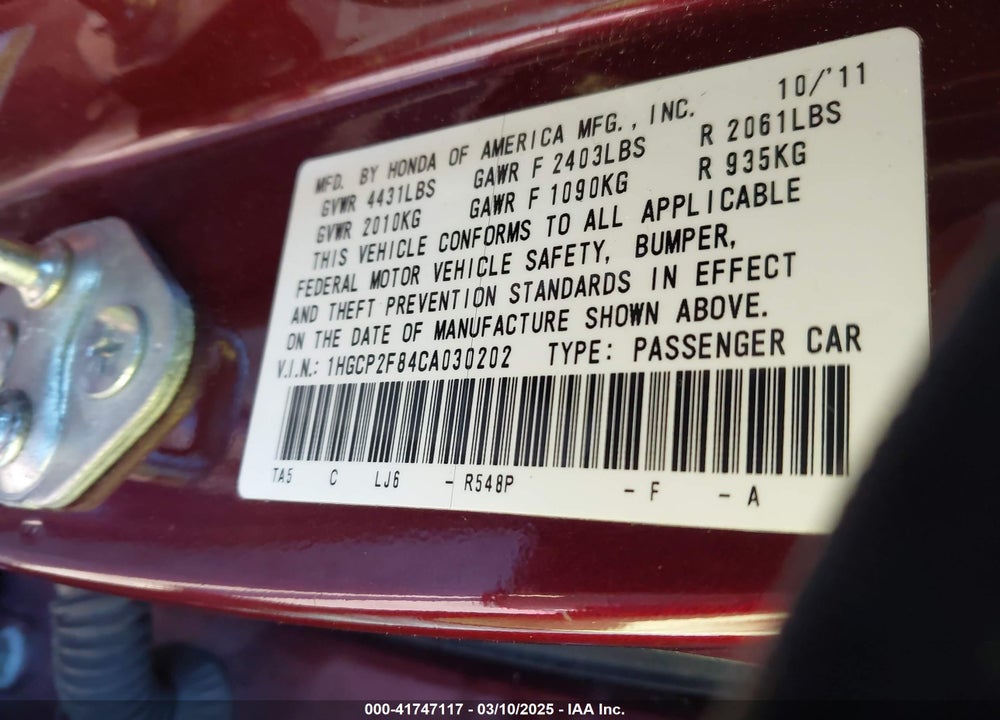 2012 HONDA ACCORD 2.4 EX-L VIN: 1HGCP2F84CA030202
