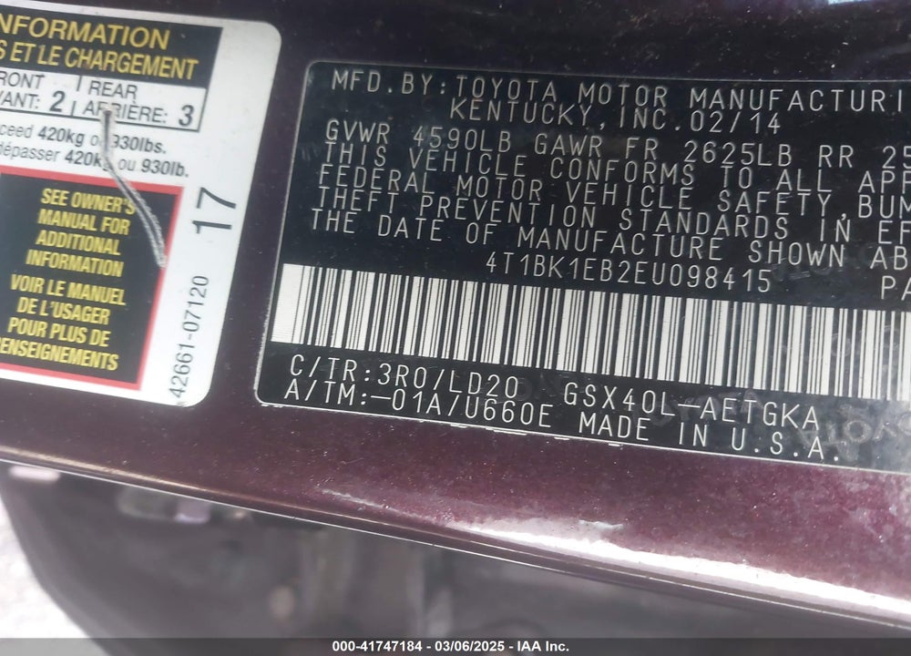 2014 TOYOTA AVALON VIN: 4T1BK1EB2EU098415