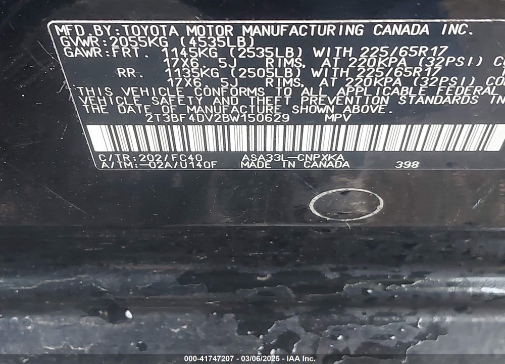 2011 TOYOTA RAV4 VIN: 2T3BF4DV2BW150629