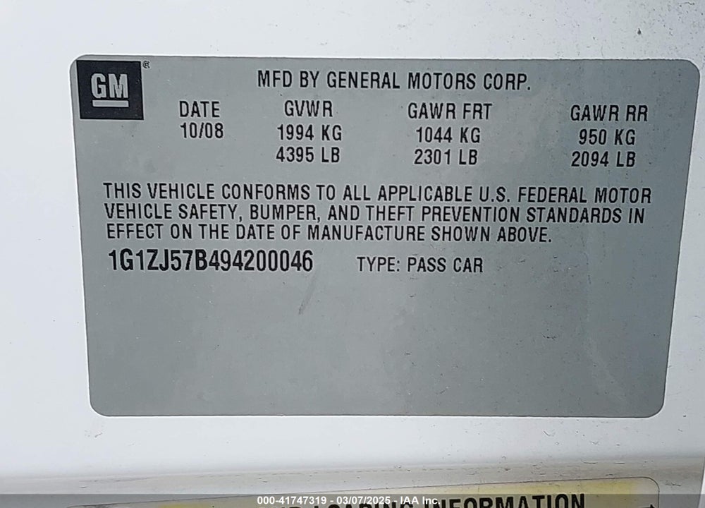 2009 CHEVROLET MALIBU VIN: 1G1ZJ57B494200046