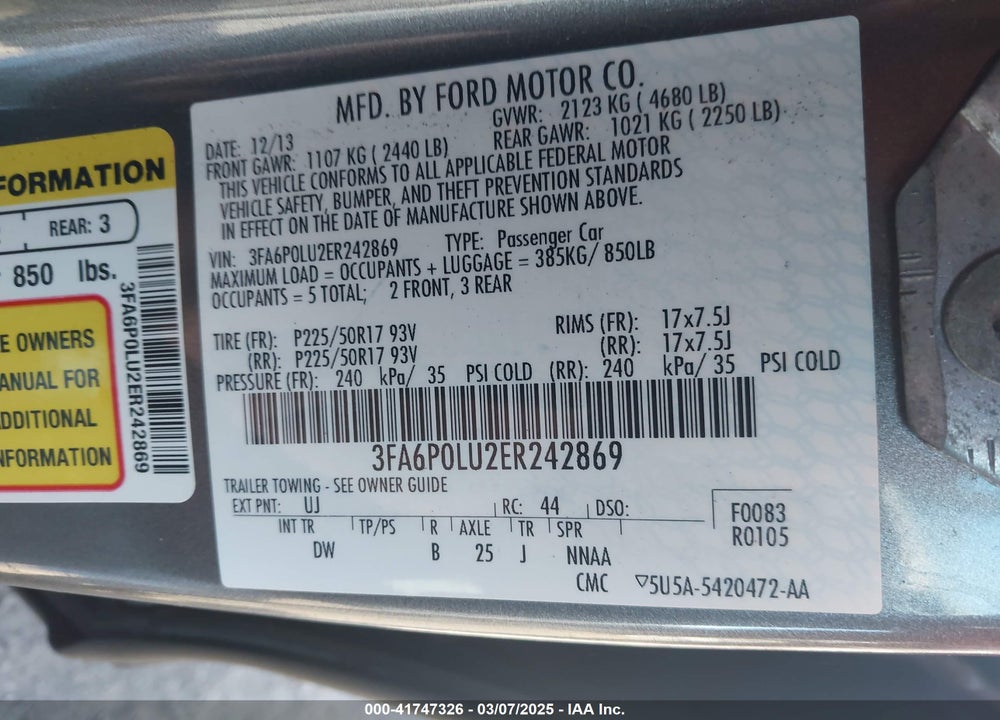 2014 FORD FUSION HYBRID VIN: 3FA6P0LU2ER242869