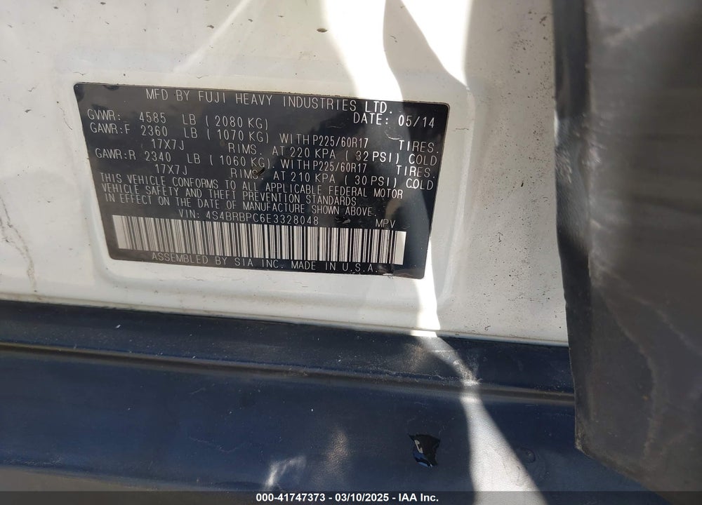 2014 SUBARU OUTBACK VIN: 4S4BRBPC6E3328048