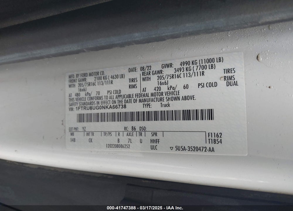 2022 FORD TRANSIT-350 CARGO VAN VIN: 1FTRU8UG0NKA66738