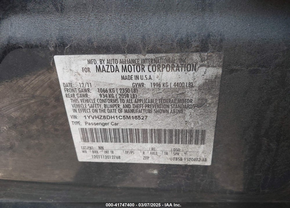 2012 MAZDA 6 I TOURING VIN: 1YVHZ8DH1C5M18527