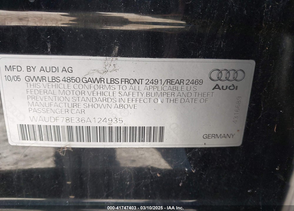 2006 AUDI A4 VIN: WAUDF78E36A124935