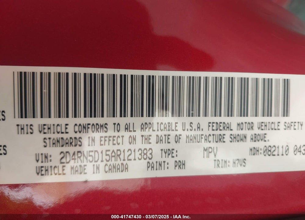 2010 DODGE GRAND CARAVAN VIN: 2D4RN5D15AR121383