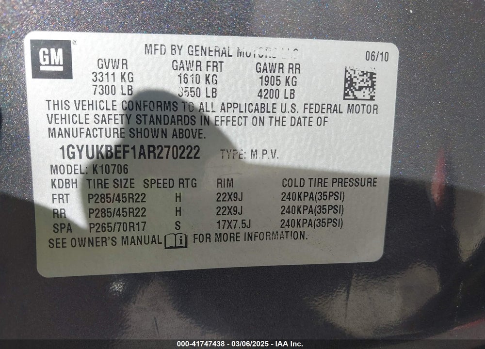 2010 CADILLAC ESCALADE LUXURY VIN: 1GYUKBEF1AR270222