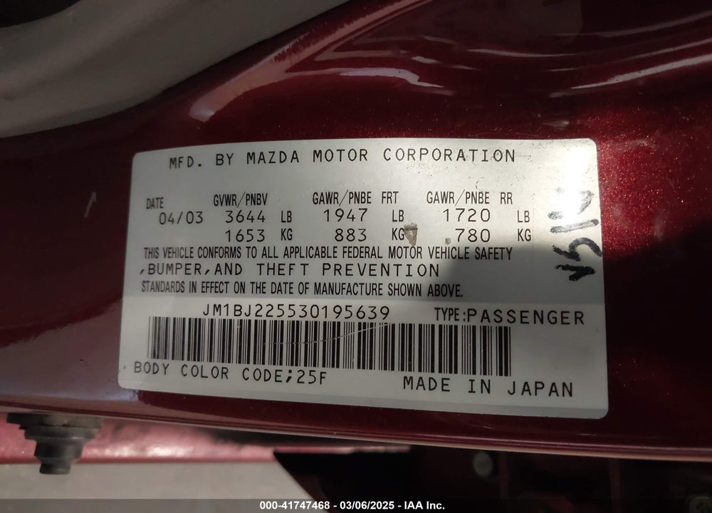2003 MAZDA PROTEGE DX/ES/LX VIN: JM1BJ225530195639