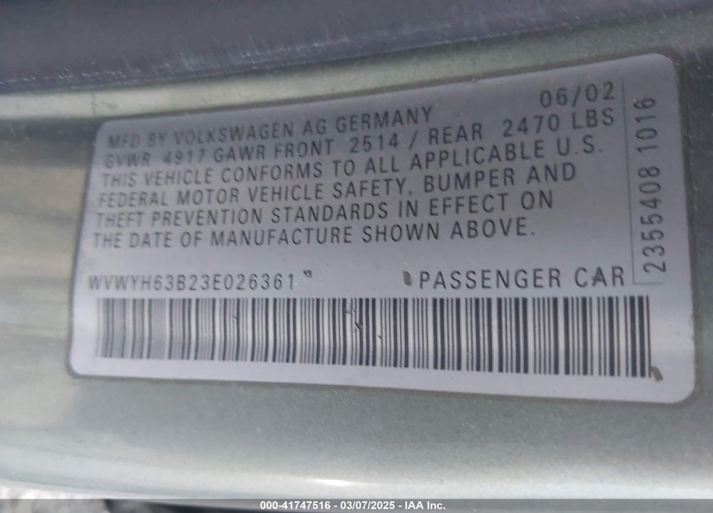 2003 VOLKSWAGEN PASSAT GLX VIN: WVWYH63B23E026361