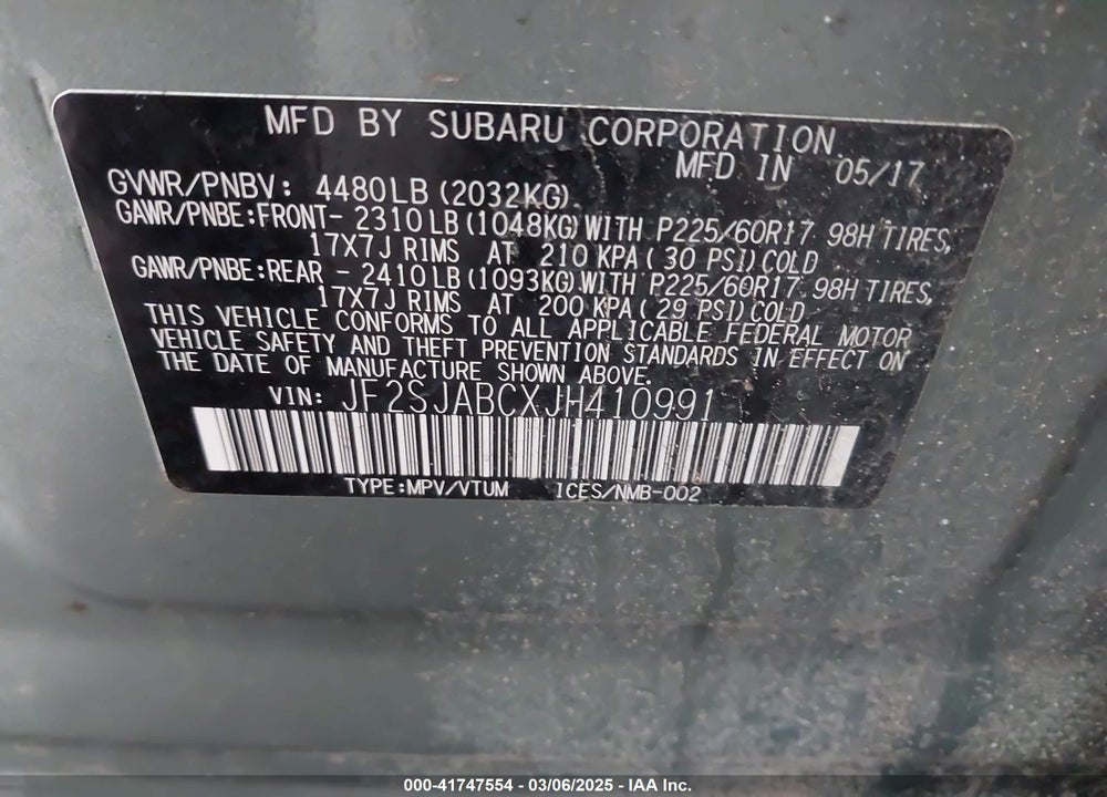 2018 SUBARU FORESTER VIN: JF2SJABCXJH410991
