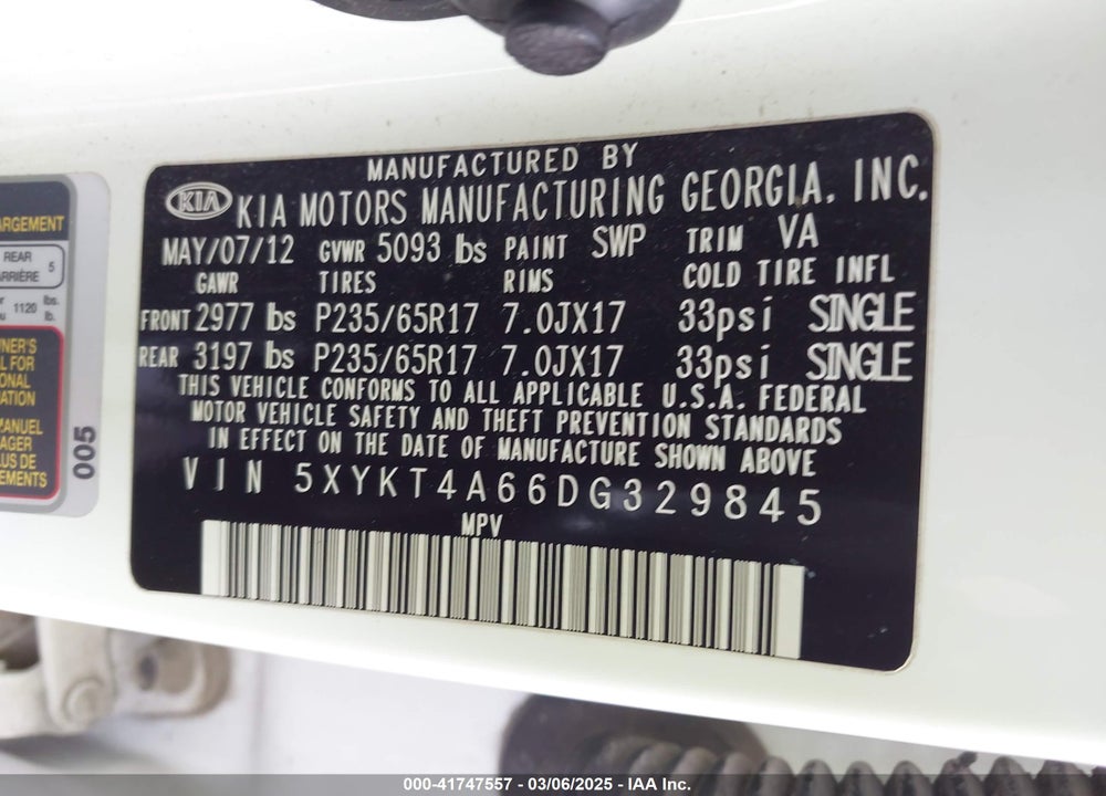 2013 KIA SORENTO VIN: 5XYKT4A66DG329845