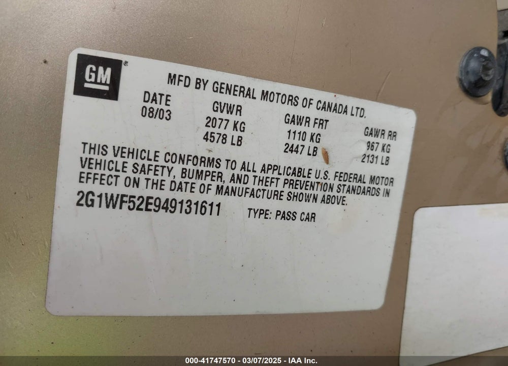 2004 CHEVROLET IMPALA VIN: 2G1WF52E949131611