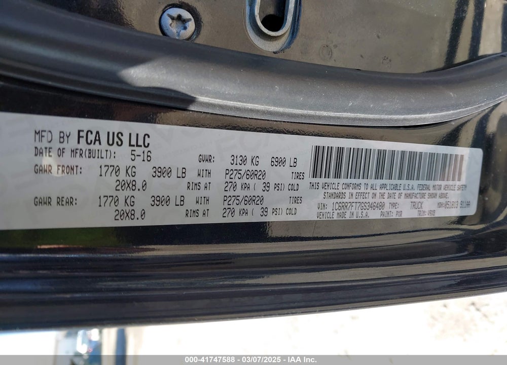 2016 RAM 1500 VIN: 1C6RR7FT7GS346480