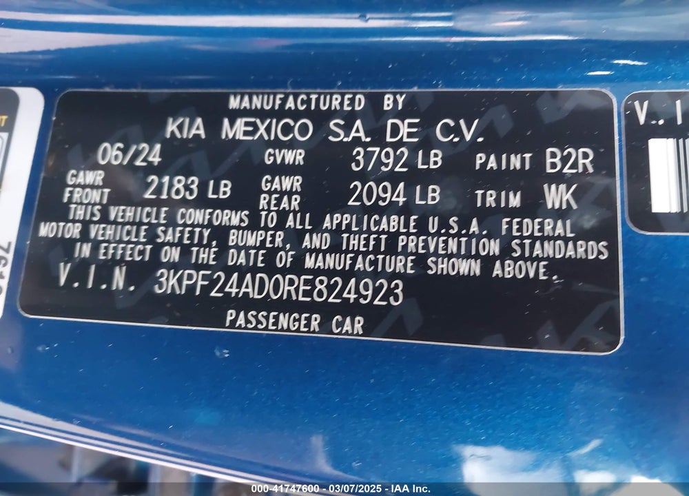 2024 KIA FORTE LXS VIN: 3KPF24AD0RE824923