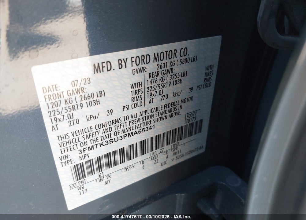 2023 FORD MUSTANG MACH-E VIN: 3FMTK3SU3PMA65341