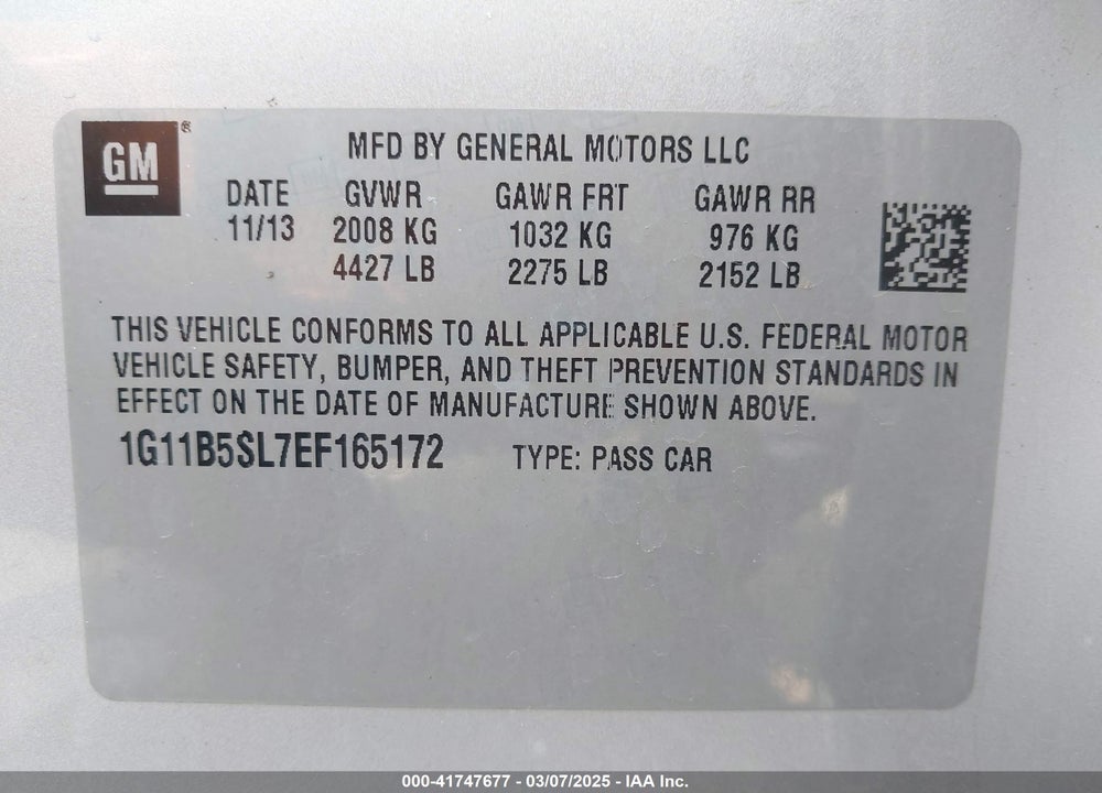 2014 CHEVROLET MALIBU 1LS VIN: 1G11B5SL7EF165172