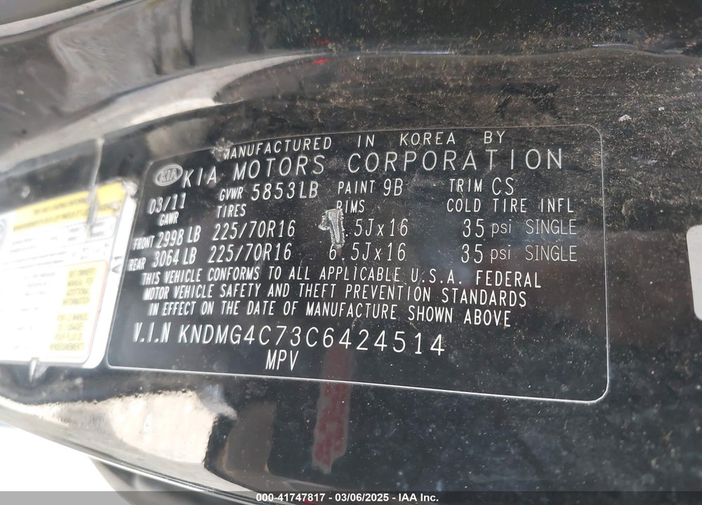 2012 KIA SEDONA VIN: KNDMG4C73C6424514