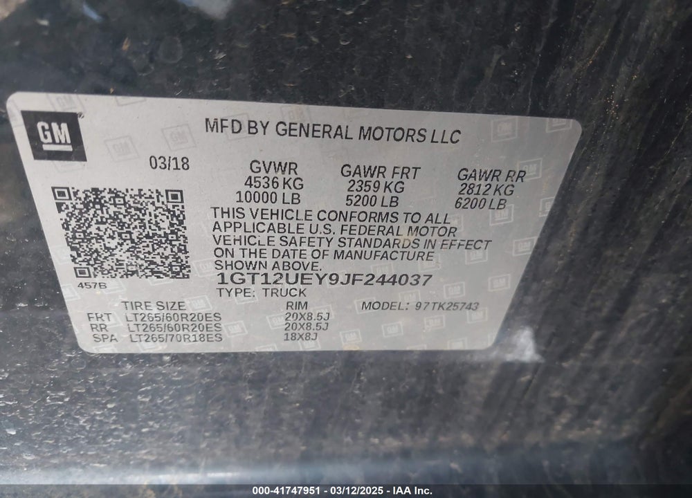 2018 GMC SIERRA VIN: 1GT12UEY9JF244037