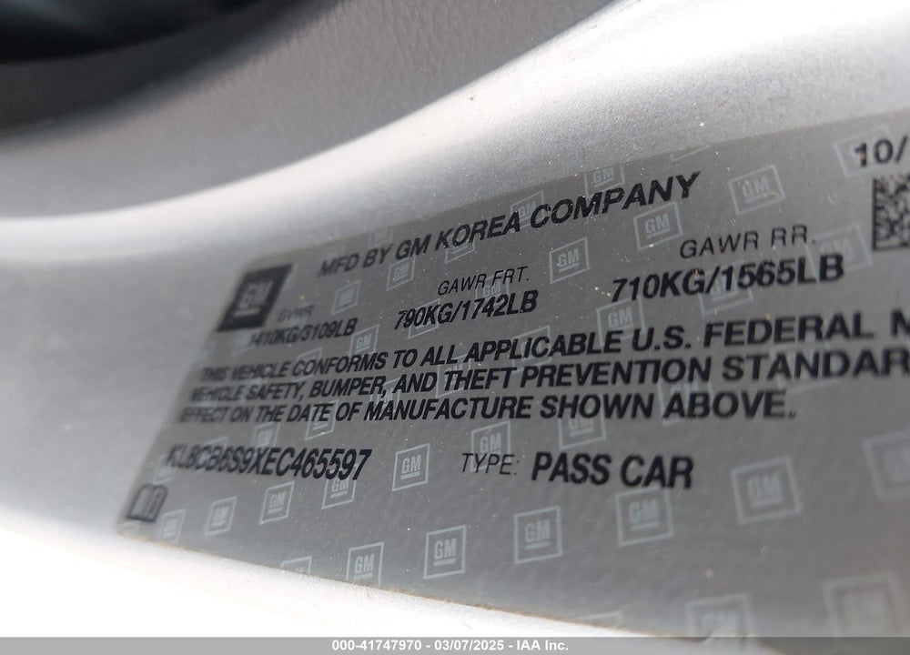 2014 CHEVROLET SPARK VIN: KL8CB6S9XEC465597