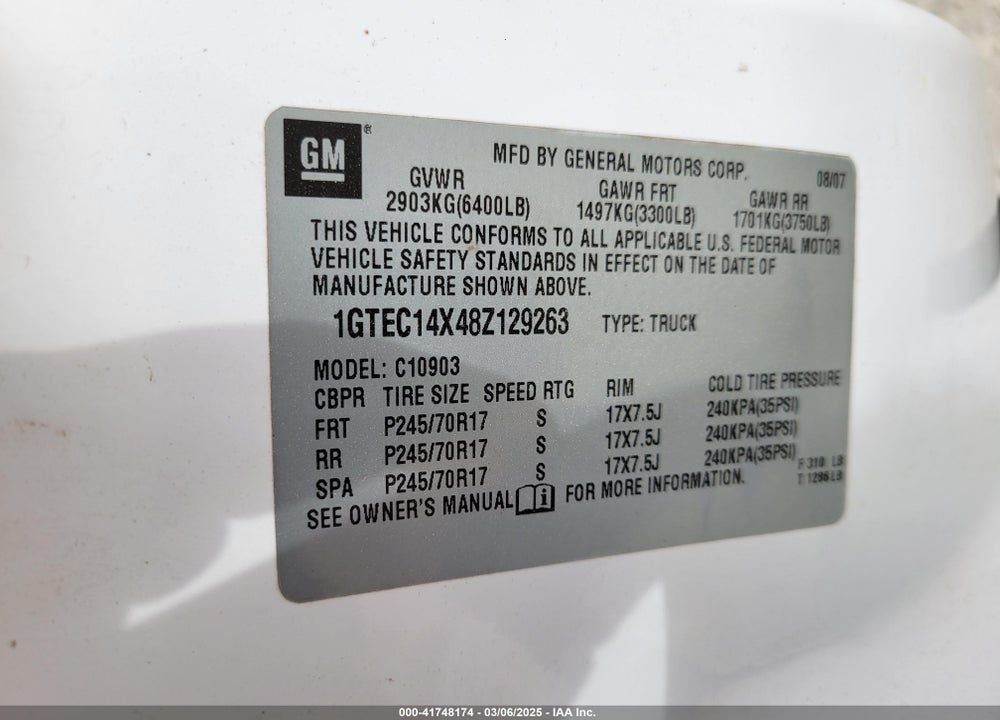 2008 GMC SIERRA 1500 VIN: 1GTEC14X48Z129263
