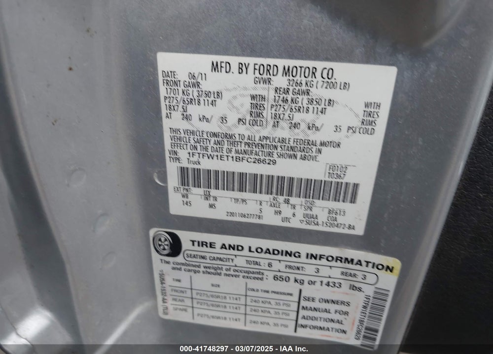 2011 FORD F-150 VIN: 1FTFW1ET1BFC26629