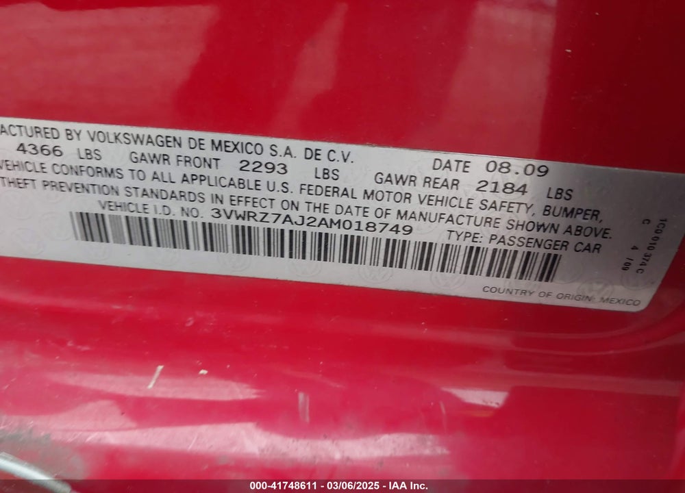 2010 VOLKSWAGEN JETTA VIN: 3VWRZ7AJ2AM018749