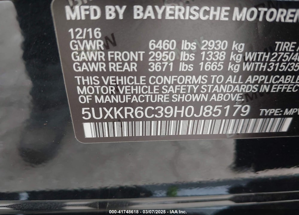 2017 BMW X5 VIN: 5UXKR6C39H0J85179