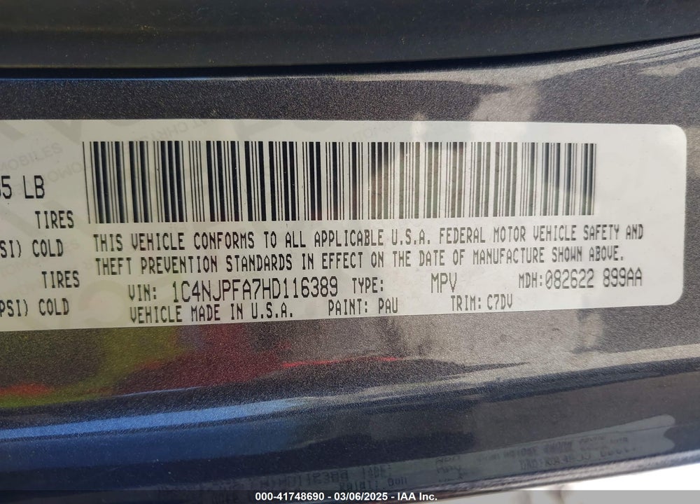 2017 JEEP PATRIOT LATITUDE FWD VIN: 1C4NJPFA7HD116389