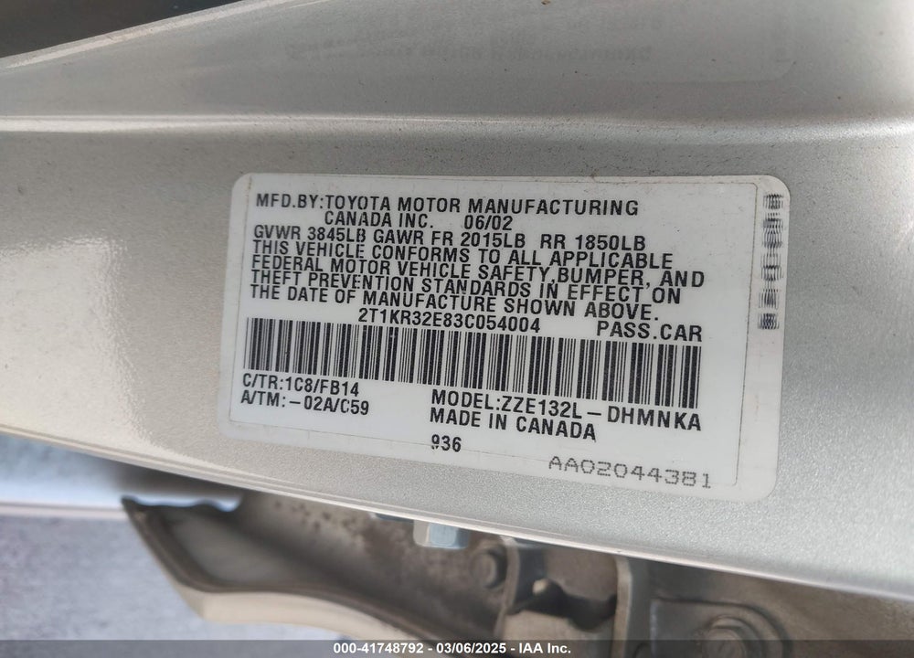 2003 TOYOTA MATRIX VIN: 2T1KR32E83C054004