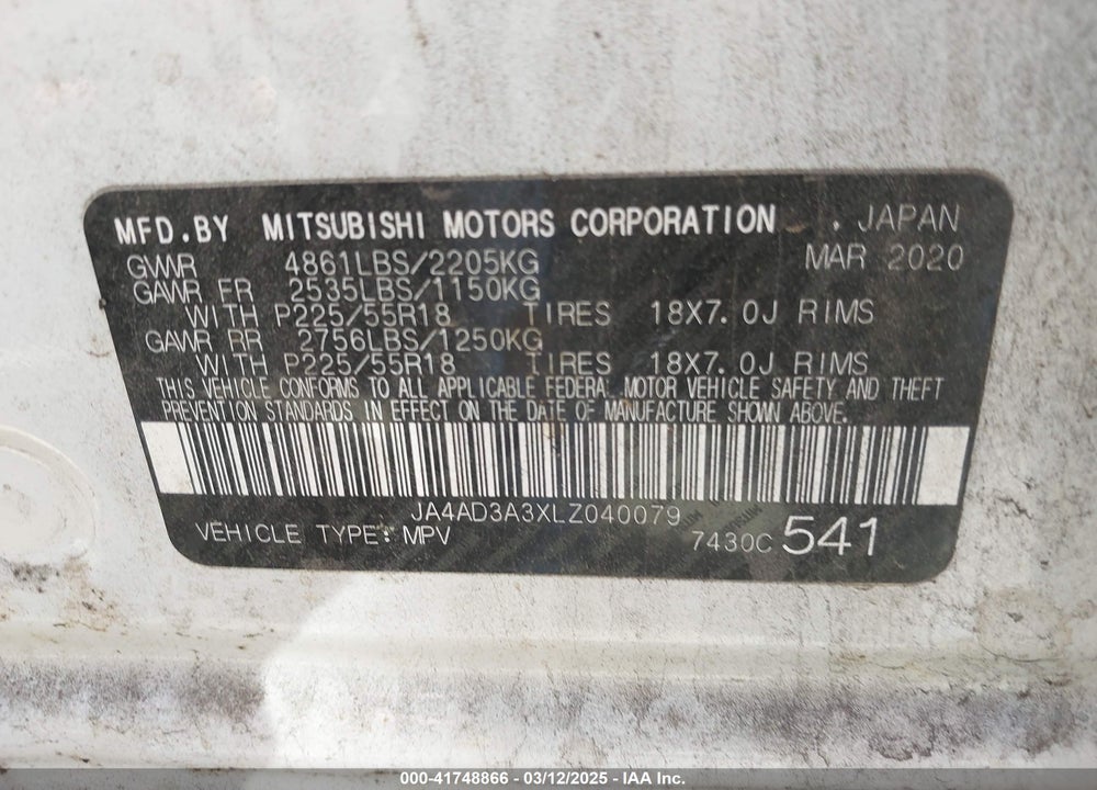 2020 MITSUBISHI OUTLANDER VIN: JA4AD3A3XLZ040079