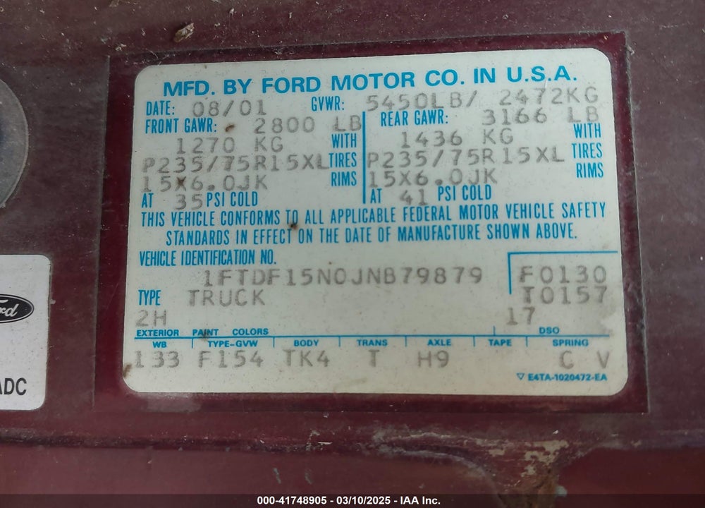 1988 FORD F150 VIN: 1FTDF15N0JNB79879