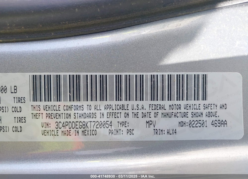 2019 DODGE JOURNEY VIN: 3C4PDDEG8KT720054