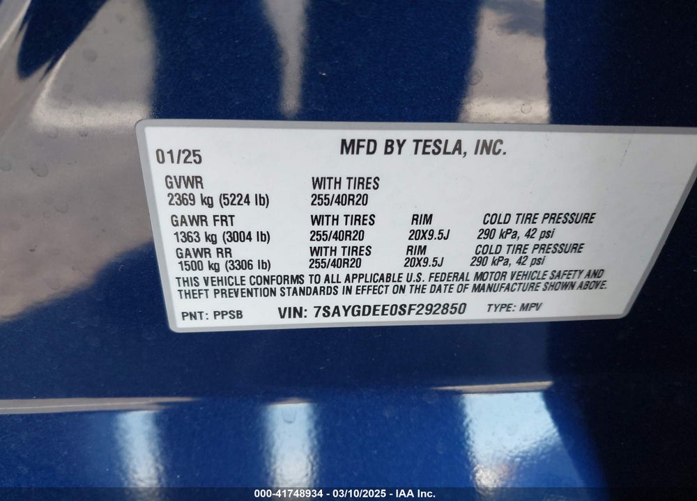 2025 TESLA MODEL Y VIN: 7SAYGDEE0SF292850