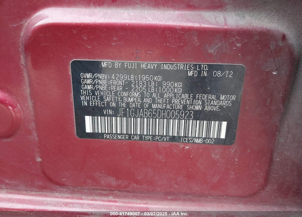 2013 SUBARU IMPREZA VIN: JF1GJAB65DH005923