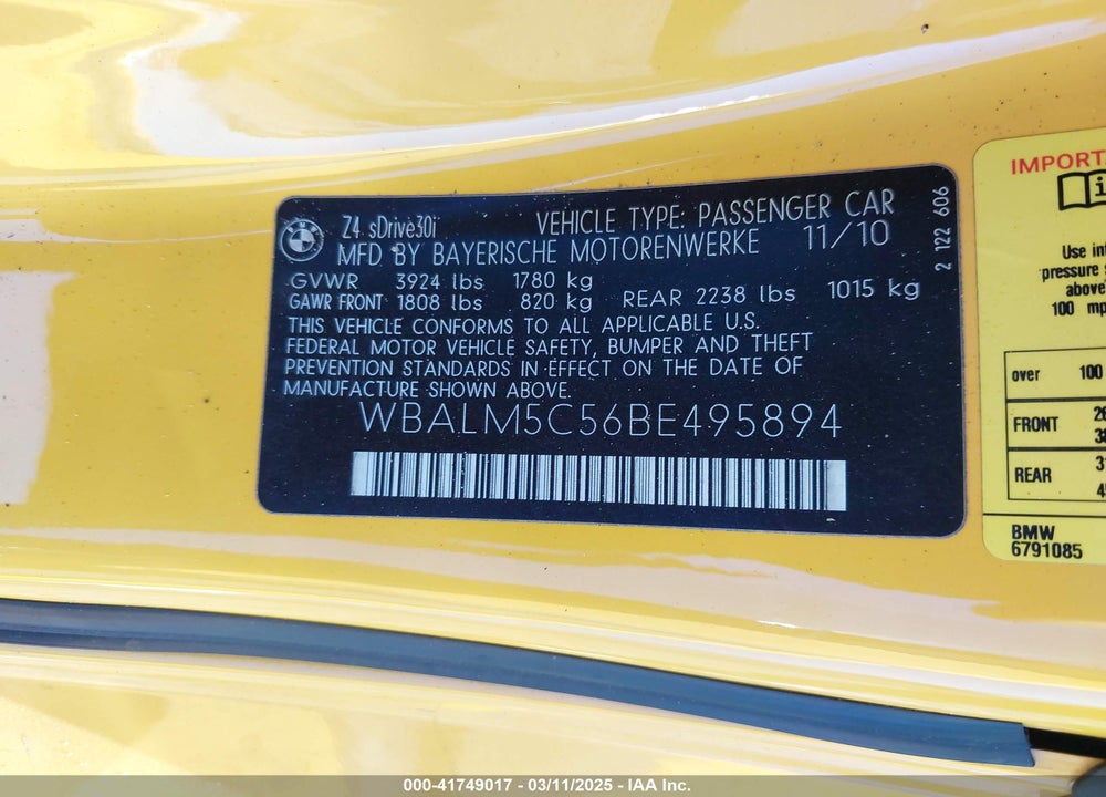 2011 BMW Z4 VIN: WBALM5C56BE495894