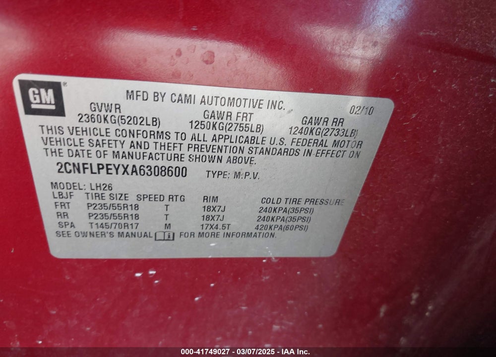 2010 CHEVROLET EQUINOX VIN: 2CNFLPEYXA6308600