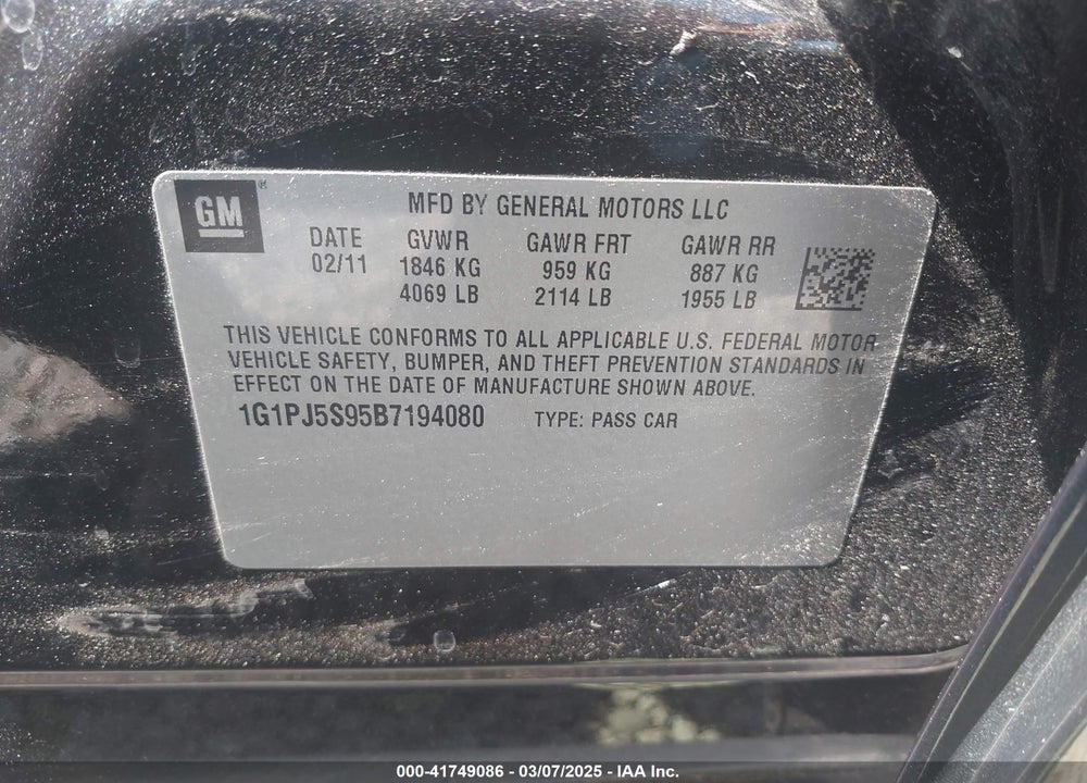 2011 CHEVROLET CRUZE ECO VIN: 1G1PJ5S95B7194080