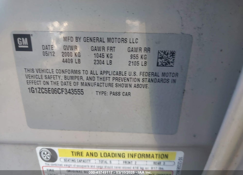 2012 CHEVROLET MALIBU VIN: 1G1ZC5E06CF343555
