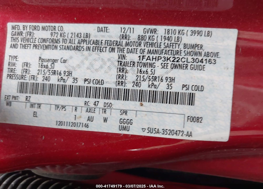 2012 FORD FOCUS SE VIN: 1FAHP3K22CL304163