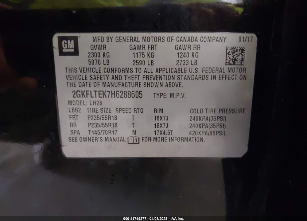 2017 GMC TERRAIN SLE-2 VIN: 2GKFLTEK7H6288605