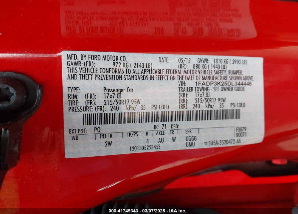 2013 FORD FOCUS VIN: 1FADP3K25DL344446