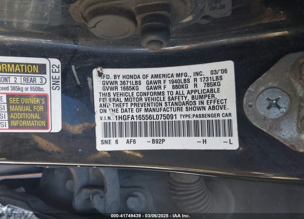 2006 HONDA CIVIC LX VIN: 1HGFA16556L075091